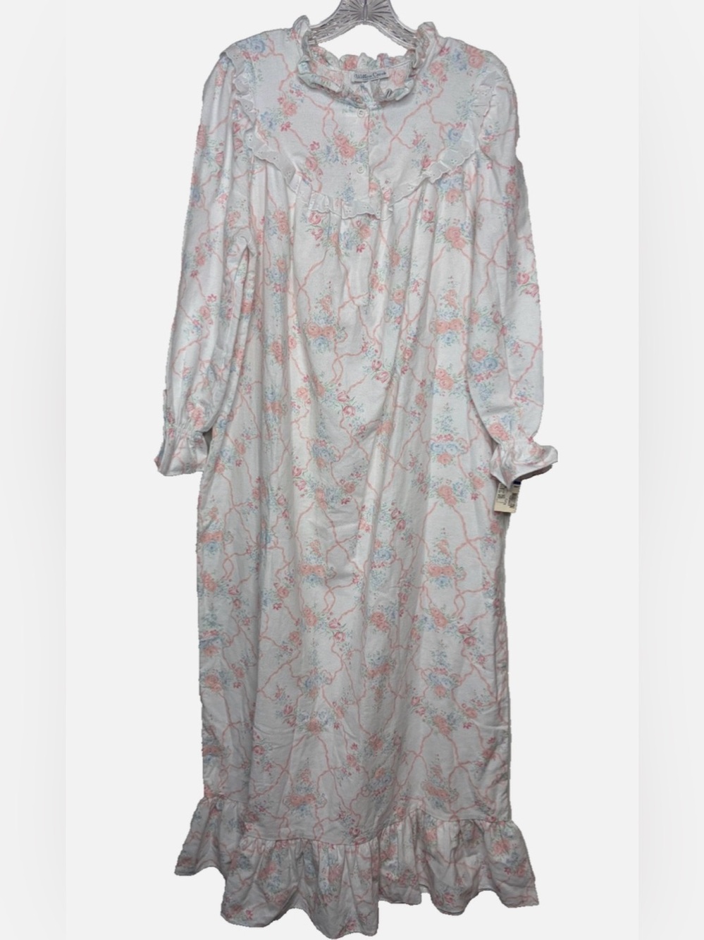 Vintage Willow Creek Sz L Maxi Nightgown Floral Ribbon Lace Cottage White Pink